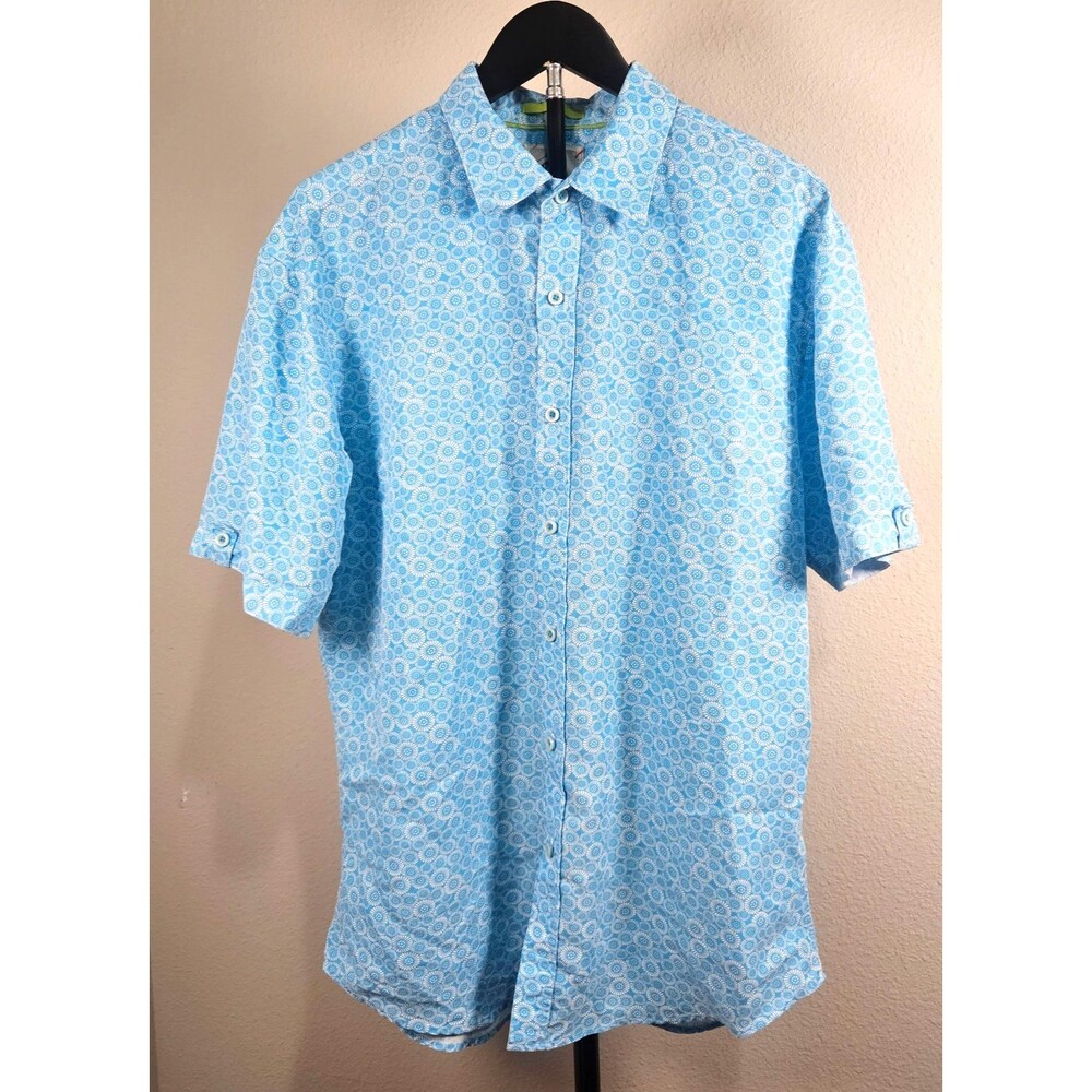 Marti Kat Mens XL Blue Floral Geometric Button Front Shirt Short Sleeve Golf